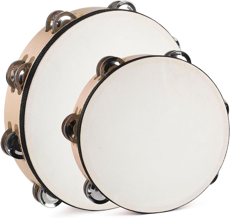 LIEKE Tambourine 10 Inch & 8 Inch Goatskin Drumhead Beechwood Hand Held Drum Tambourines for Adults kids with 8 Pairs Metal Jingles for Music Classroom Dance Party Church Game Props - Image 1